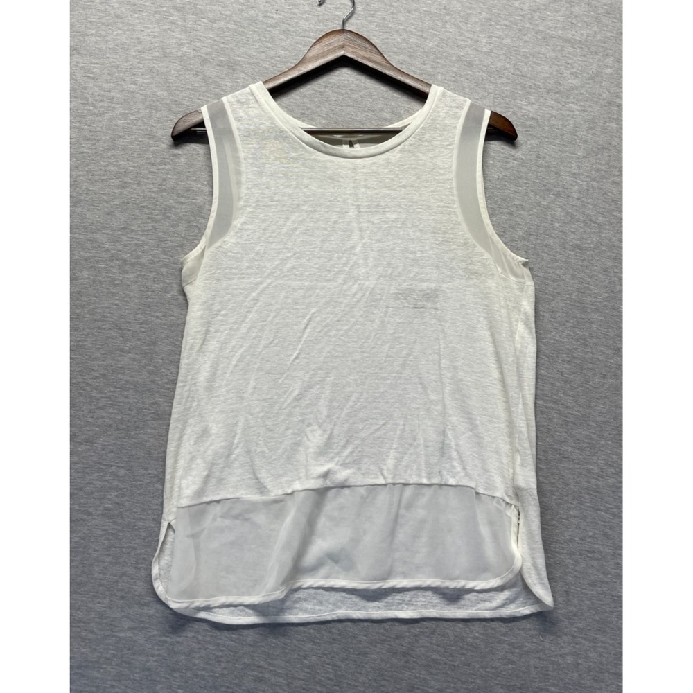 Womens Tank Top Small White Linen Sheer Trim Sleeveless Round Neck‎ Keyhole Back
